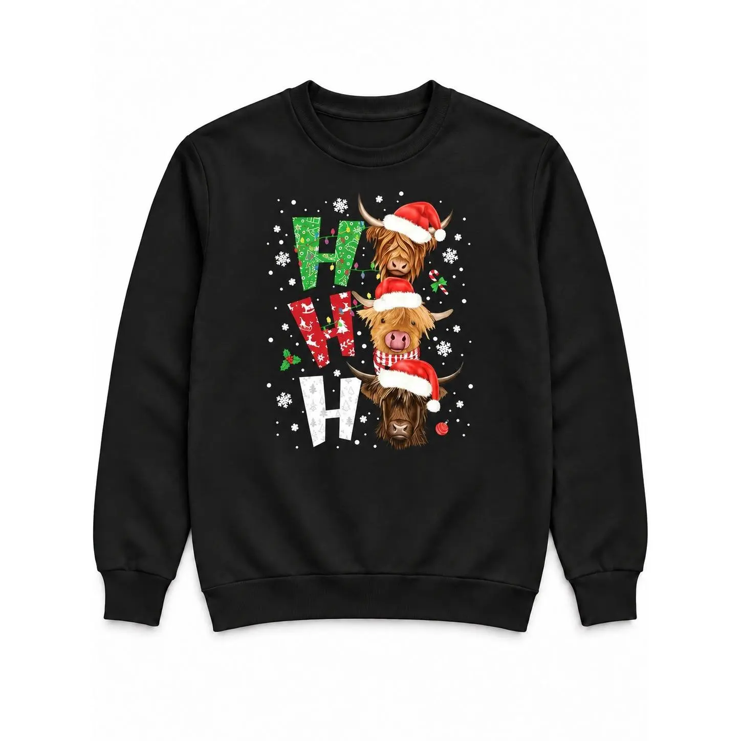 Ho Ho Ho Highland Cow Christmas Graphic T-Shirt or Crewneck Sweatshirt, Three Santa Hat Cows, Cute Farm Animal Holiday Shirt for Adults