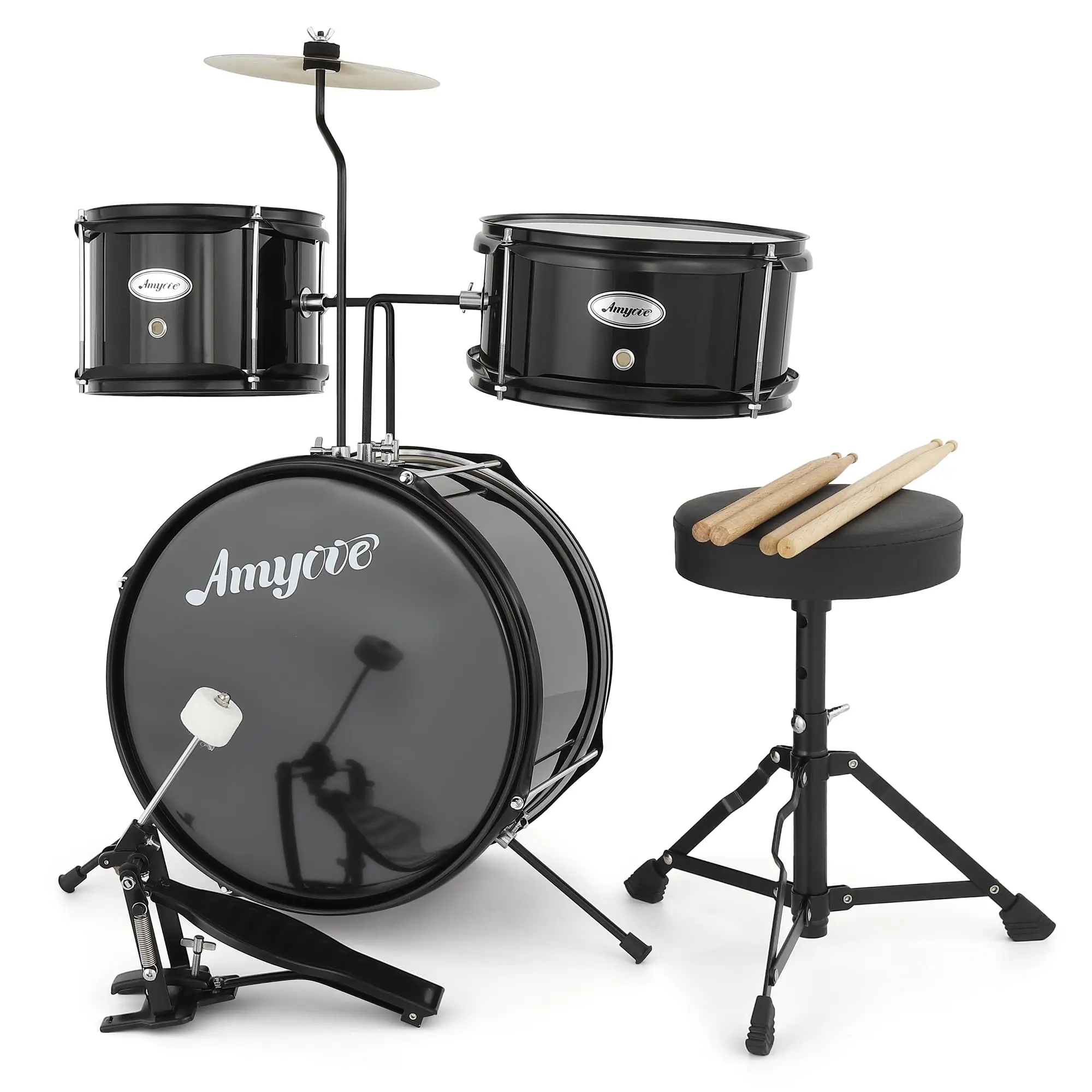 Garvee 3-Piece Junior Drums Set for Beginners - 14.76in Black Kit with Bass, Tom, Snare, Cymbal, Drumsticks, Adjustable Seat
