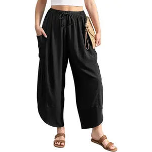 Women's Linen Harem Pants Casual Loose Drawstring Elastic Waist Summer Beach Travel Vacation with Pockets