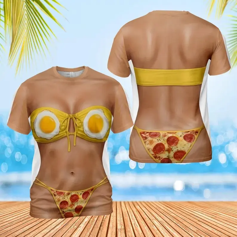 Funny Food Bikini T-Shirt, Pizza Bikini Shirt, Fried Egg Bra Tee, Novelty 3D Food Shirt, Gag Gift Party Shirt for Women Men