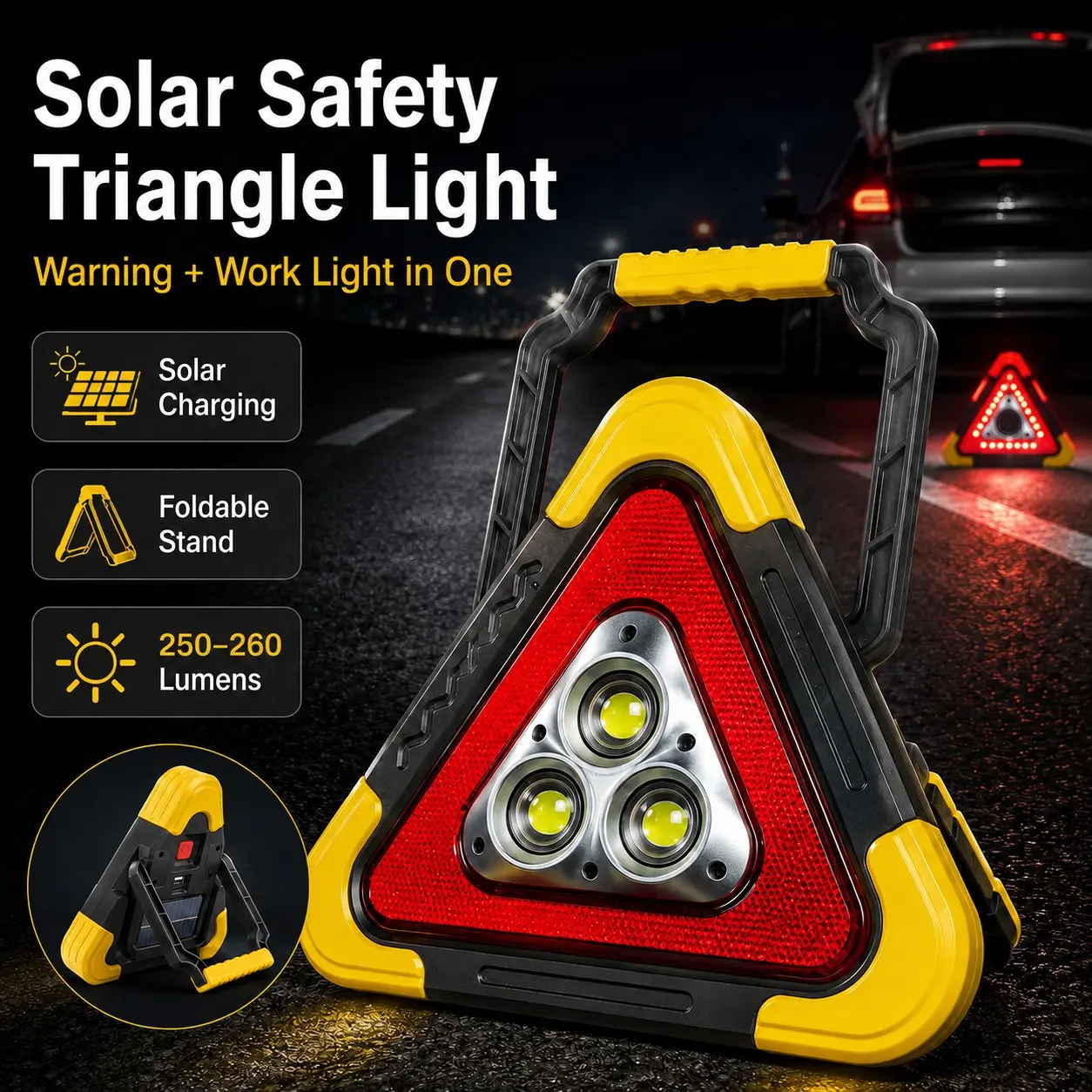 Solar LED Warning Triangle Light, 10W Portable Roadside Emergency Safety Light with Work Lamp, 4 Lighting Modes, Red Flash Warning, 250-260 Lumens, Foldable Stand for Car Breakdown, Camping, Power Outage