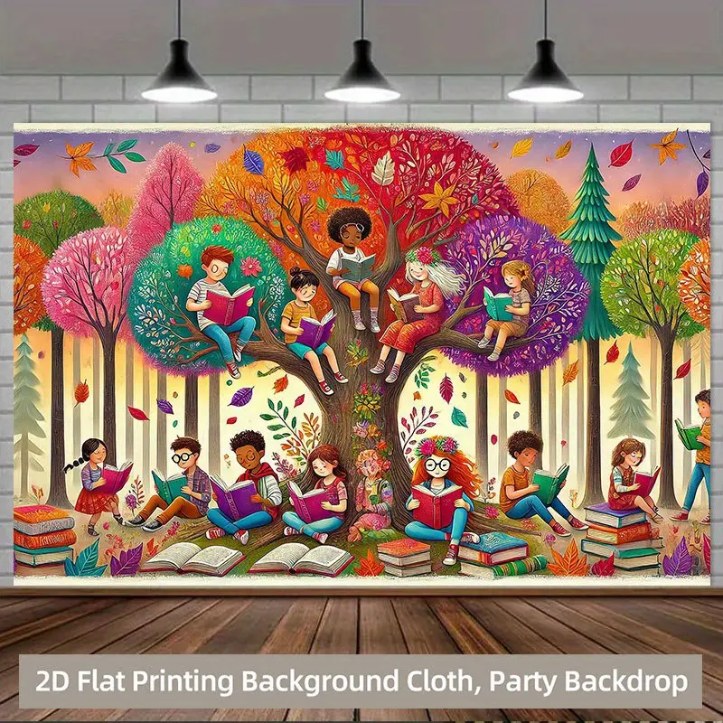 Reading Learning Backdrop Banner, Book Theme Polyester Tapestry Featuring Kids Reading Under Tree Design for Home Decor, Office Wall Hanging, Studio Props and Party
