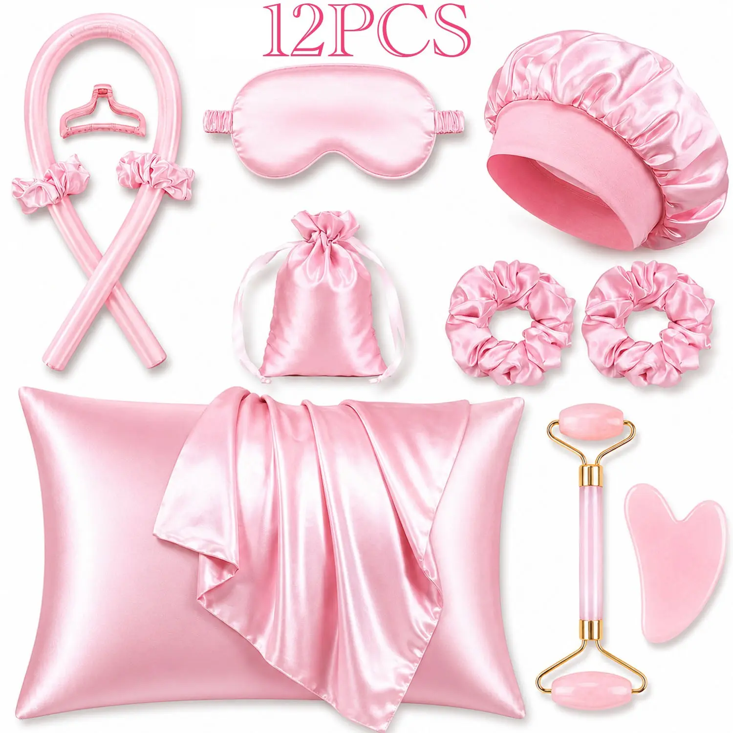 12Pcs Luxury Satin Hair Care Sleep Bundle, Pink Overnight Beauty Kit with Satin Pillowcase, Bonnet, Sleep Mask, Heatless Curling Rod, Scrunchies, Storage Bag, Facial Roller & Gua Sha, Frizz-Free Hair, Soft Curls & Self Care Gift