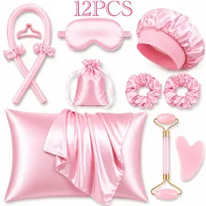 12Pcs Luxury Satin Hair Care Sleep Set, Pink Overnight Beauty Kit with Satin Pillowcase, Bonnet, Sleep Mask, Heatless Curling Rod, Scrunchies, Storage Bag, Facial Roller & Gua Sha, Frizz-Free Hair, Soft Curls & Self Care Gift