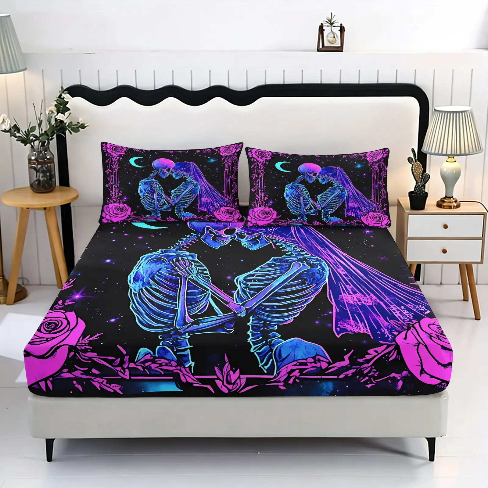3pc Neon Couple Skull Rose Bed Cover Set, including 1 bed cover and 2 pillow covers (without filling material), suitable for single/double, extra-large double beds. Ideal Halloween gift for friends, applicable for bedrooms, guest rooms, dormitories