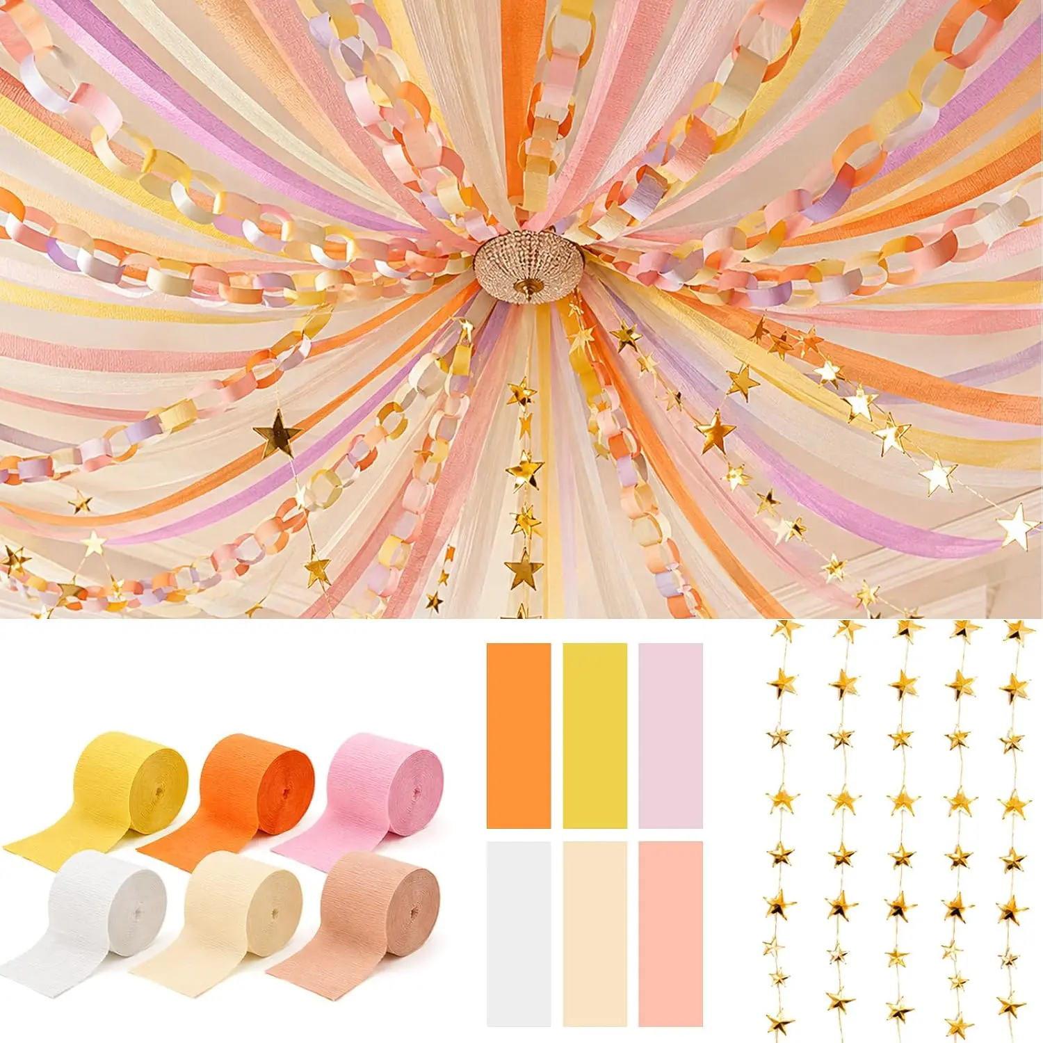 Multi-Color Groovy Party Decorations Kit - 600 Paper Chain Strips, 65 Ft Mirror Star Garland, 492 Ft Crepe Streamers - DIY Set for Retro Birthday, Wedding Decor