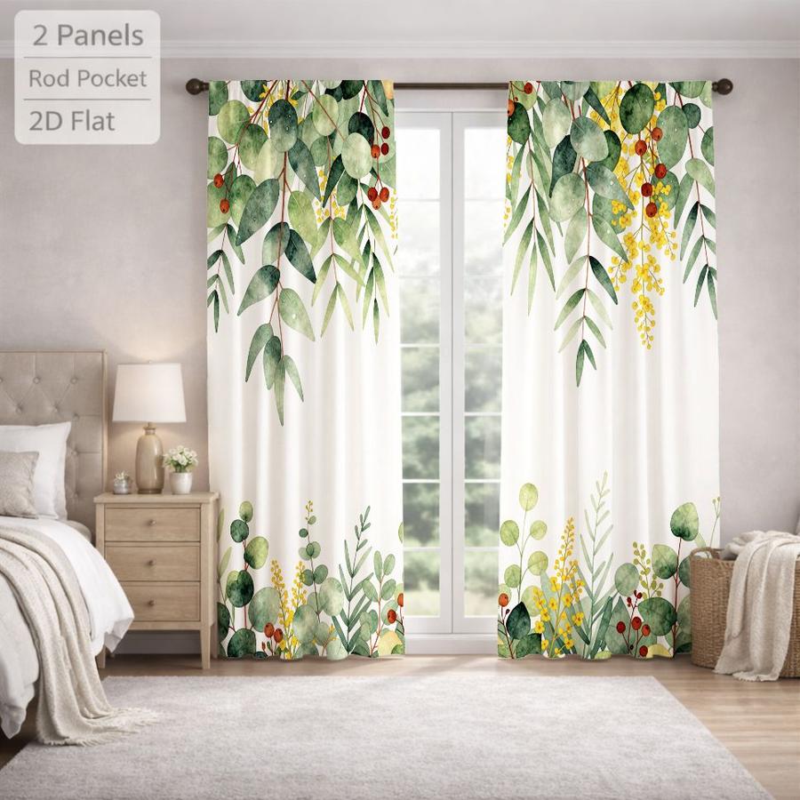 2Pcs Botanical Floral Pattern Eucalyptus Leaf Curtains Digital Printed Rod Pocket, Window Treatment For Bedroom Office Kitchen Living Room Study Home Decor