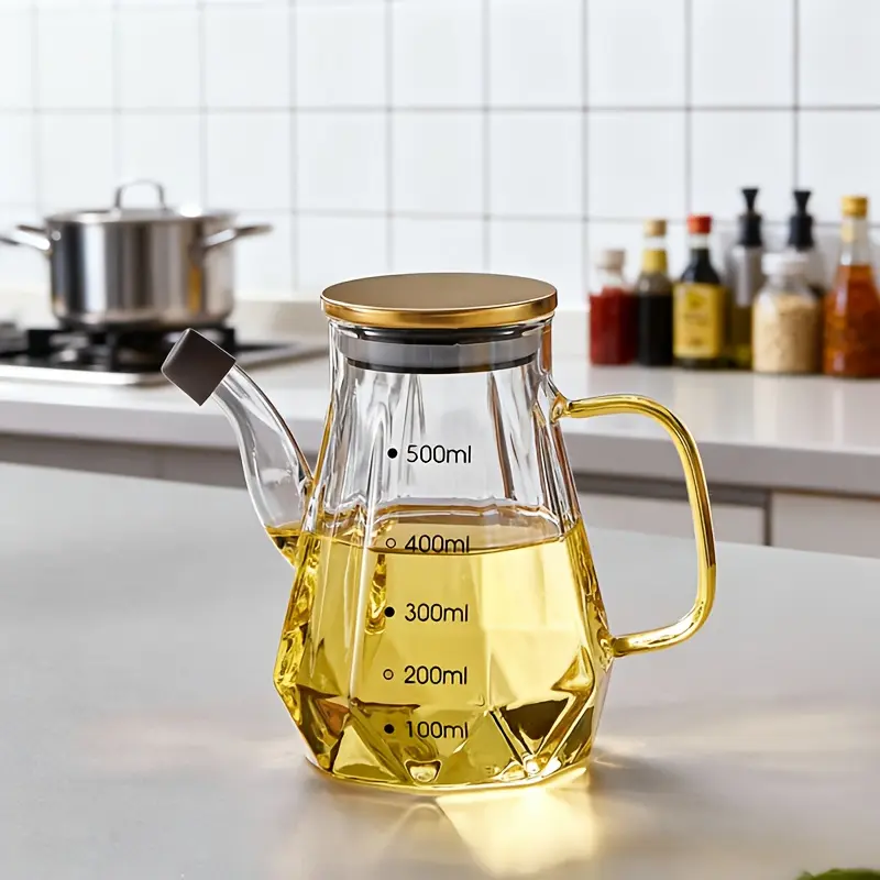 1pc High Borosilicate Glass Storage Jar, Three Sizes Available, Kitchenware, with Anti-Spill Lid and Measurement Markings - Clear Glass Oil Bottle, Cooking Oil Container Suitable for Kitchen, Pantry, Outdoor - Ideal Container for Oils, Soy Sauce