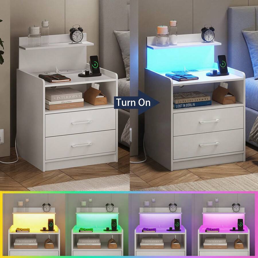 - White LED Nightstand with Charging Station, Bedside Table with 2 Drawers & Open Storage, RGB LED Lights, 2 USB Ports + 2 Outlets, 15.7"Dx17.7"Wx28.7"H, MDF Material