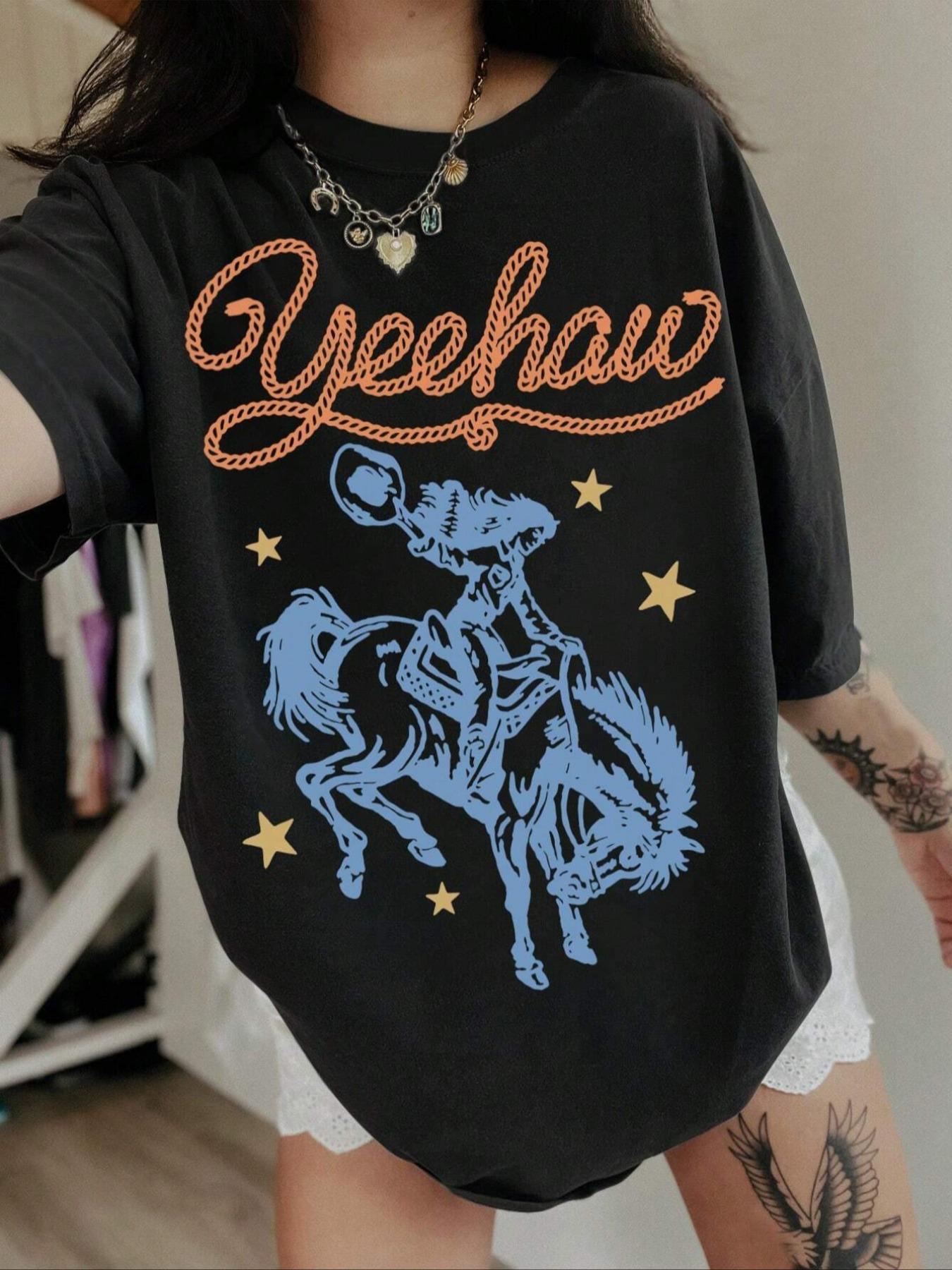 Women's Letter & Cowboy Print Drop Shoulder Tee, Casual Half Sleeve Round Neck T-shirt Fit Fabric for Daily Wear, Ladies Clothes for All Seasons, Womenswear