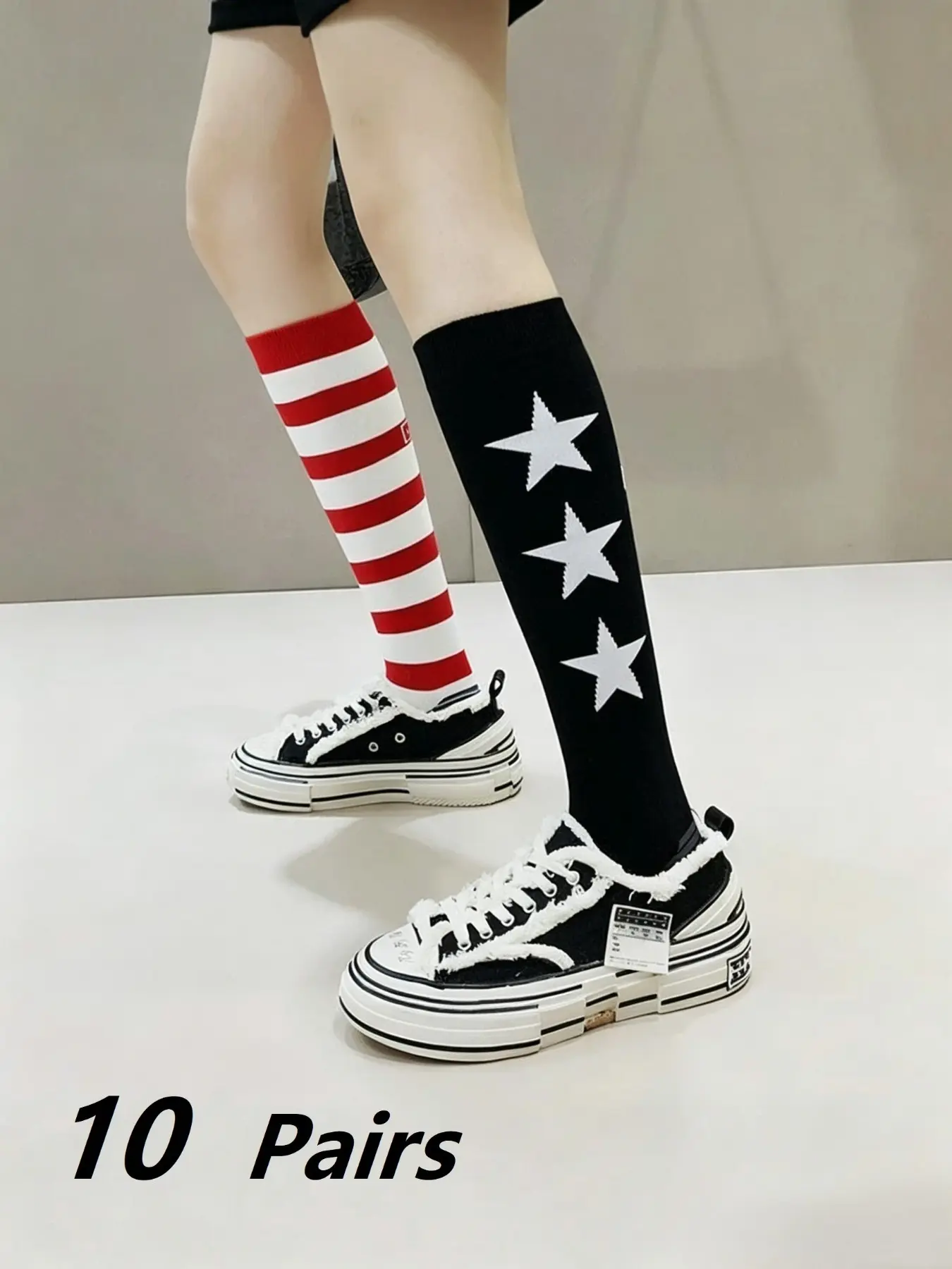 10 Pairs Women's Striped Ankle Socks, Trendy Korean Style Slimming Long Calf Socks, Stack Socks for Spring Summer, Mid-Calf Socks