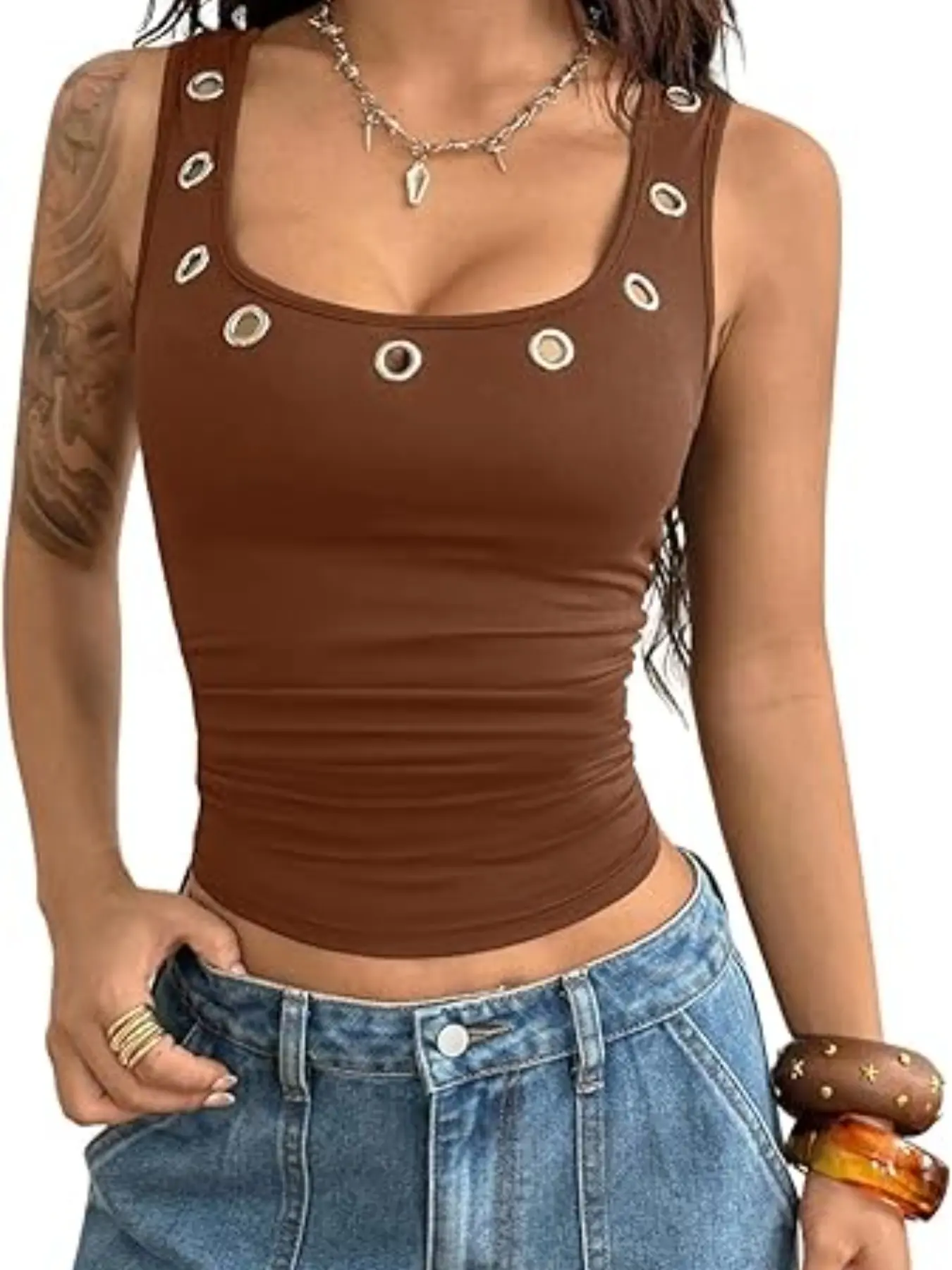 Women's Punk Style Sexy Statement Metal Eyelet Slim Fit Short Sleeveless Party Festival Vest Top, Trendy Outerwear for Ladies, Perfect for Events