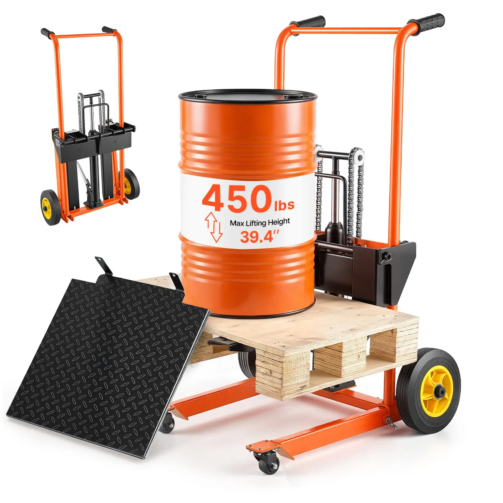 VEVOR Carbon Steel Hydraulic Material Lift Winch Stacker, 450 lbs Load Capacity, Warehouse/Supermarket Pallet Truck Dolly with Forks + Tray Lift Table, 39.4 in Max Lifting Height, Foldable Portable Pallet Jack Cart, Orange & Black