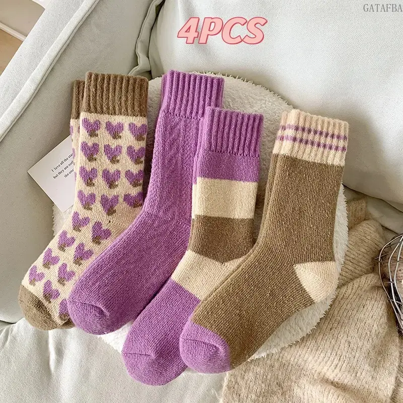 4 Pairs Winter Thick Fuzzy Crew Socks, Soft Terry‑Lined Thermal Knit Socks, Cute Purple Heart Floral Pattern, High Elastic Cuff Cozy Mid‑Calf Socks for Home Sleep and Daily Outdoor Wear