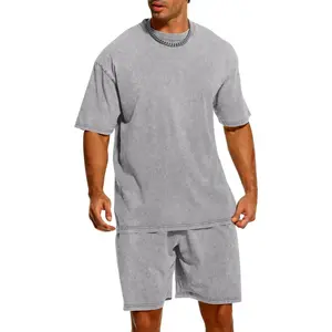 Mens Acid Wash Short Sets Cotton 2 Piece Outfits Tracksuit Summer Oversized Vintage Matching Shirt And Shorts Set