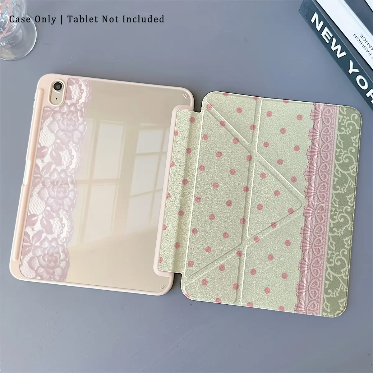 Pink polka dot lace-trimmed foldable stand iPad case, equipped with a pen slot, transparent back panel, automatic sleep/wake function, shockproof full-cover protective shell, compatible with iPad 10th generation, Air 5, Air 6, Pro 11, and iPad 11th