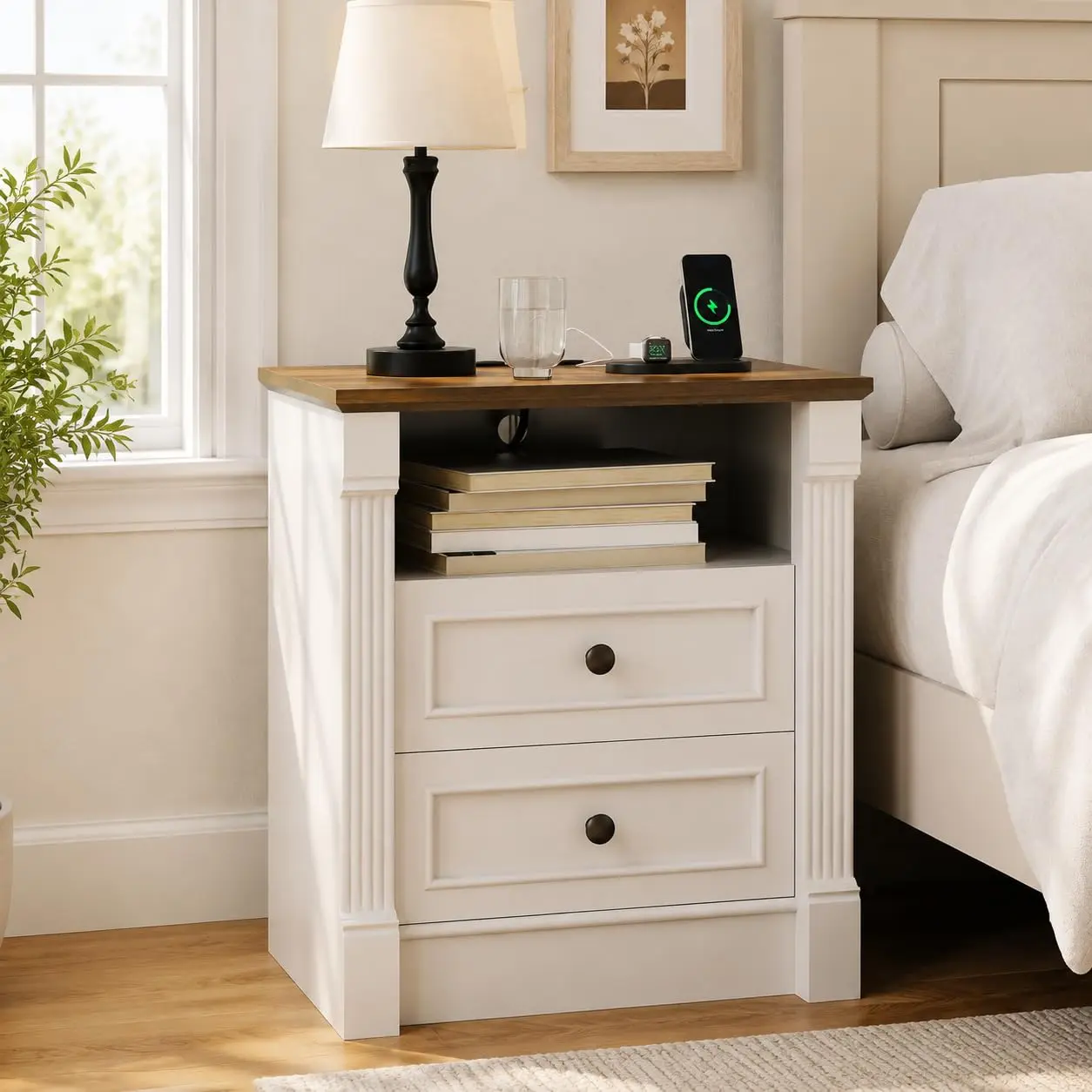 Farmhouse Rustic Nightstand with Charging Station and 2 Drawers, Roman Column Design, 23.62" Wide White Wood End Table, Perfect Night Stand Side Table for Bedroom and Living Room