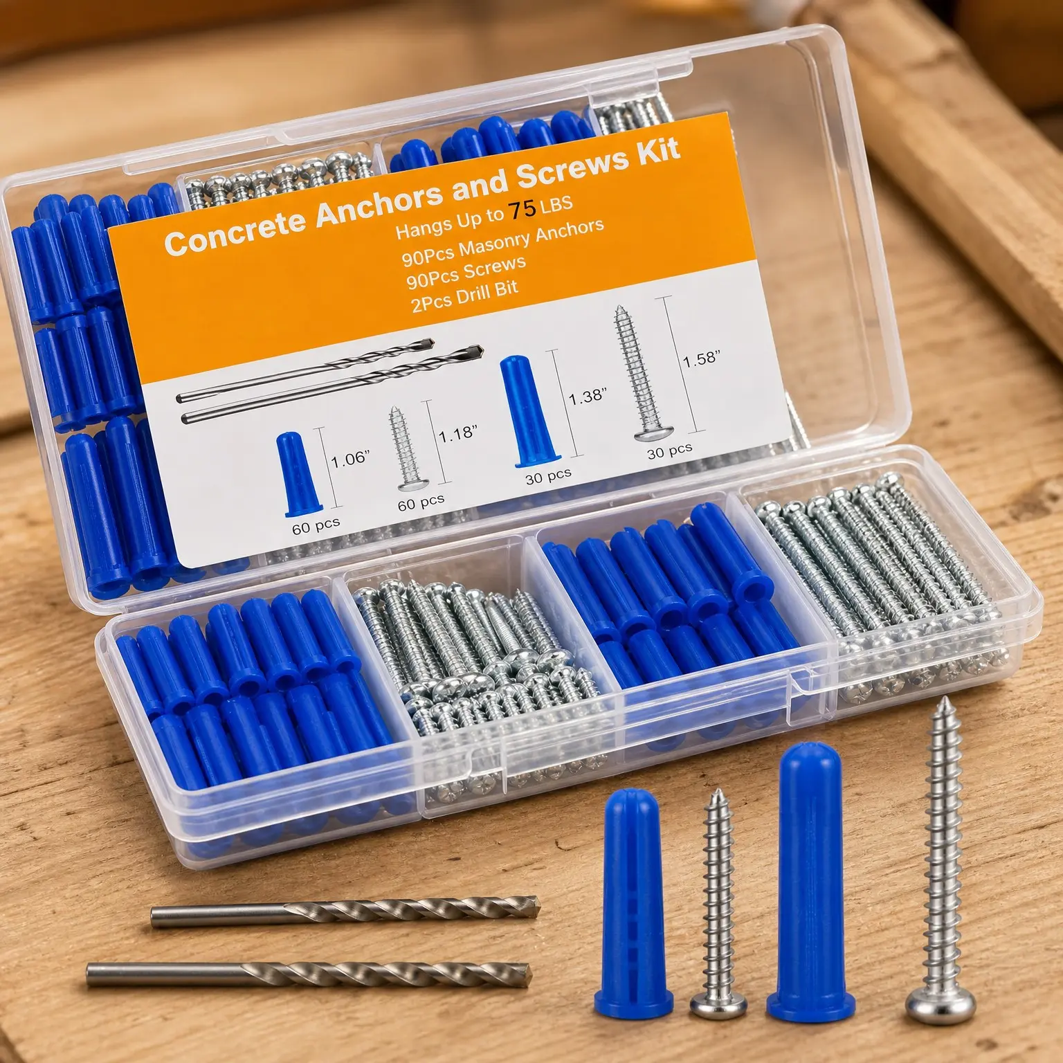 180PCS Concrete Anchors and Screws Assortment Kit - 90 Concrete Wall Anchors, 90 Self Tapping Screws for Masonry Stucco Brick Cement Cinder Block Tile, Includes 2 Drill BitsGift
