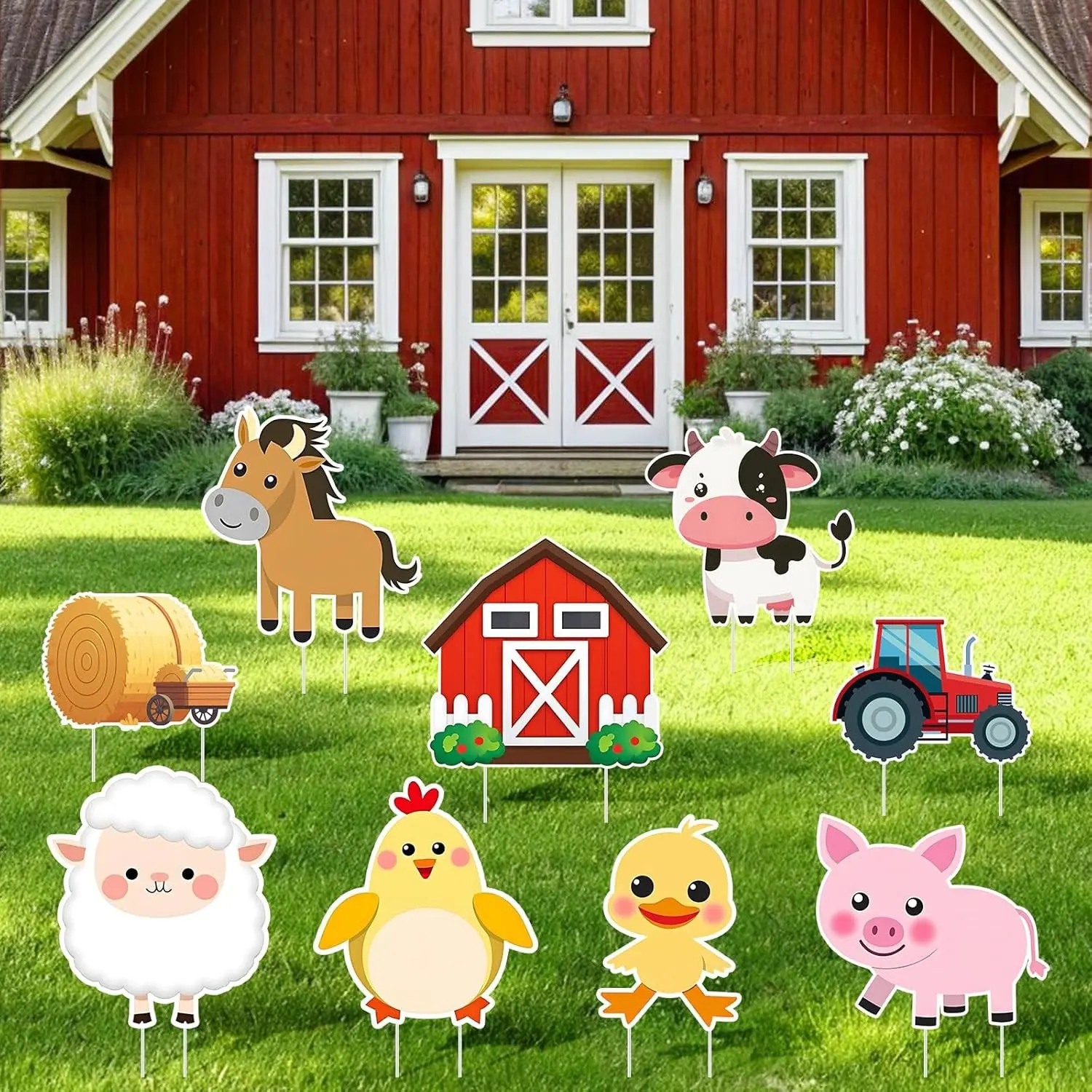 9pcs Farm Animal Party Yard Signs, Farm Animal Birthday Party Lawn Signs, Farmhouse Theme Barnyard Baby Shower Decor, Farmhouse Birthday Yard Decor Supplies, Party Decoration Set