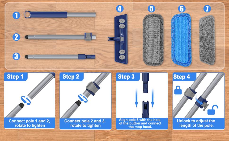 Microfiber Mops for Floor Cleaning - 3 Thickened Washable Pads - Floor Dusters for Hardwood with 55" Adjustable Handle - Wet Dry Dust Mop for Pet Hairs Walls Tile Wood Laminate Home Kitchen