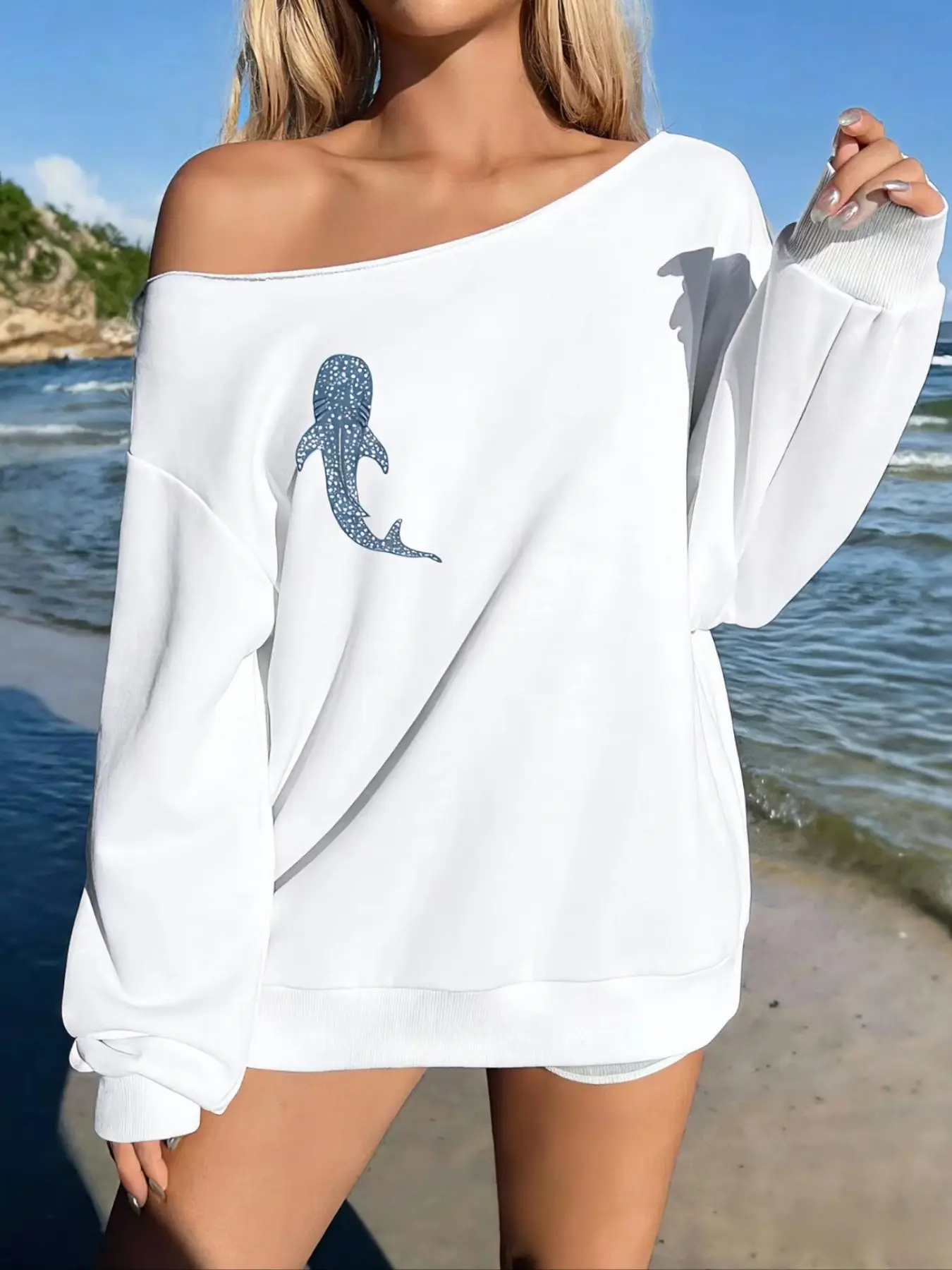 rendy Off Shoulder Graphic Sweatshirt For Women Whale Shark Graphic Print Long Sleeve Pullover Loose Oversized Fit Casual Outfit Coastal Vibe Beach Trip Street Style Loungewear Daily OOTD Relaxed Fit Graphic Sweatshirt