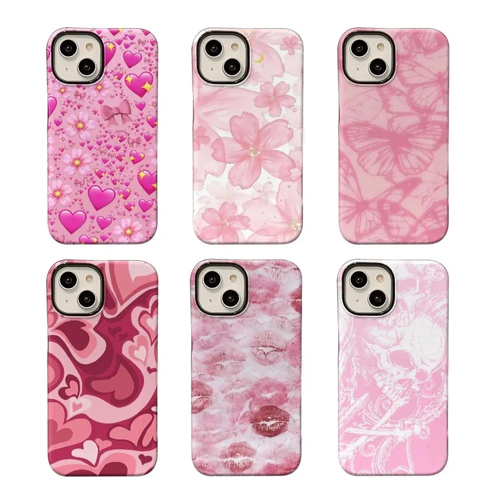 Vintage Coquette Y2K Pink Aesthetic Heart Cherry Blossom Butterfly Lip Skull Print Phone Case High Quality Protective Cover Suitable for iPhone 11 to 17 Pro Max 16E 17 Air Samsung S23 S24 S25 Ultra FE Edge Phone Case