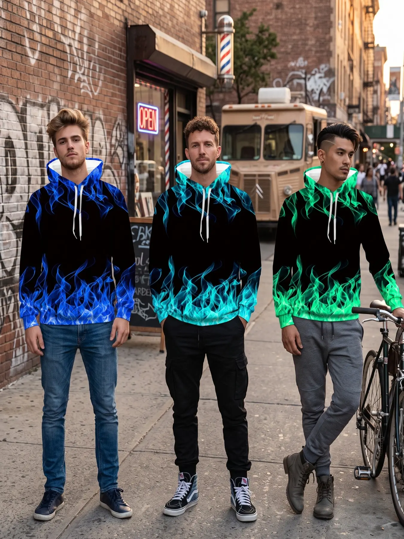 3-Pack Men's Gradient Blue- Flame Print Hoodie, Neon Fire Pattern Sweatshirt, Casual Streetwear Long Sleeve Top