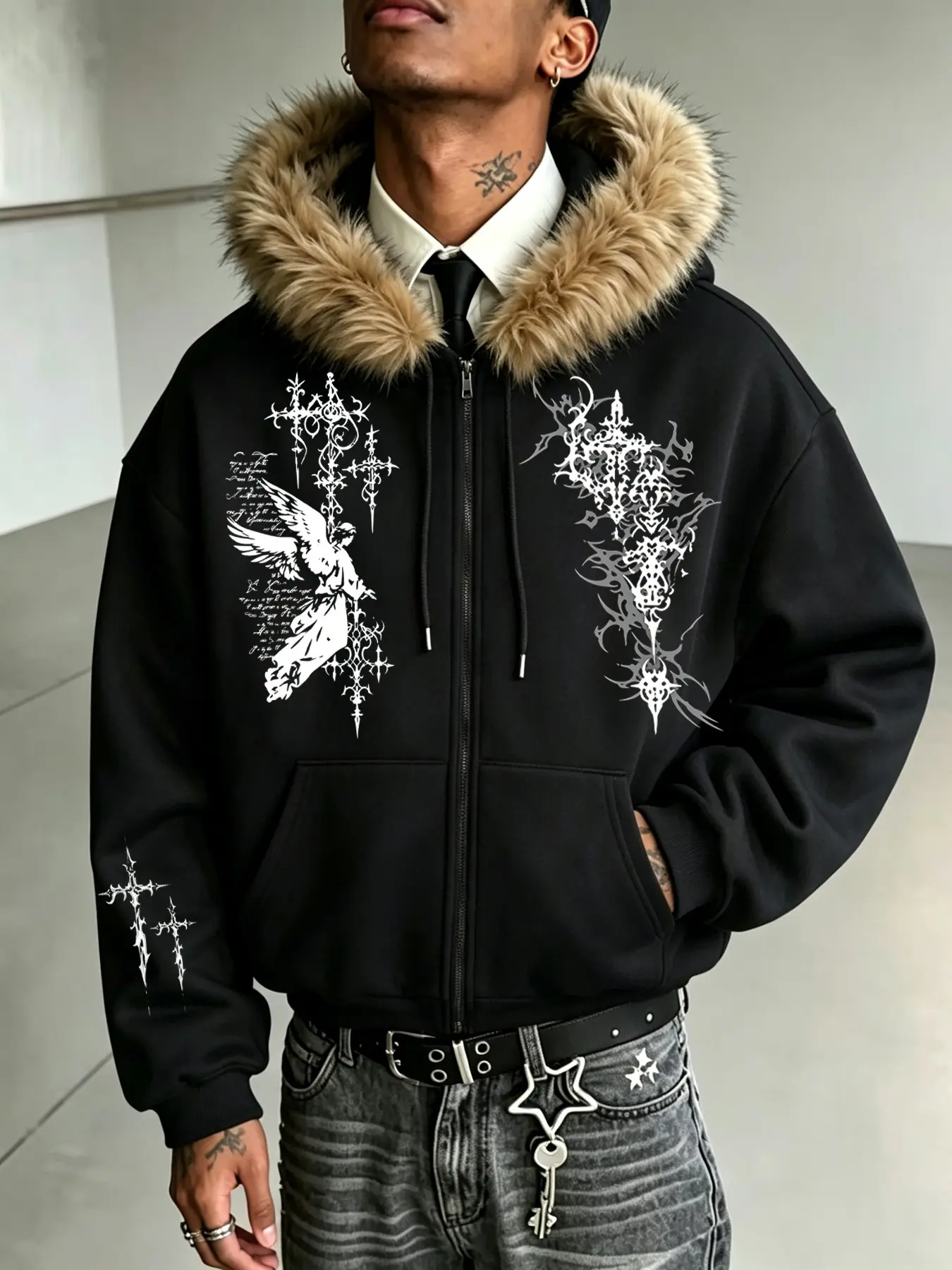 Men's Gothic Statue Print Hooded Jacket, Long Sleeve Loose Fit Coat, Fall Winter Warm Casual Outerwear, Durable Comfortable Design