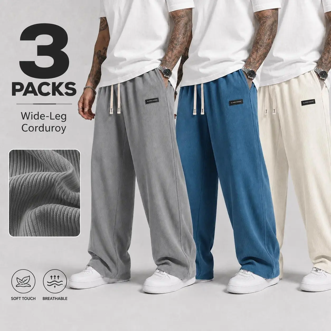Men's 100% Polyester Drawstring Lounge Pants - Corduroy-Look Wide Leg, Soft Ribbed Baggy Loose Fit, Breathable Casual Streetwear Bottoms, Machine Washable for Home, Travel, Gym, Machine Wash
