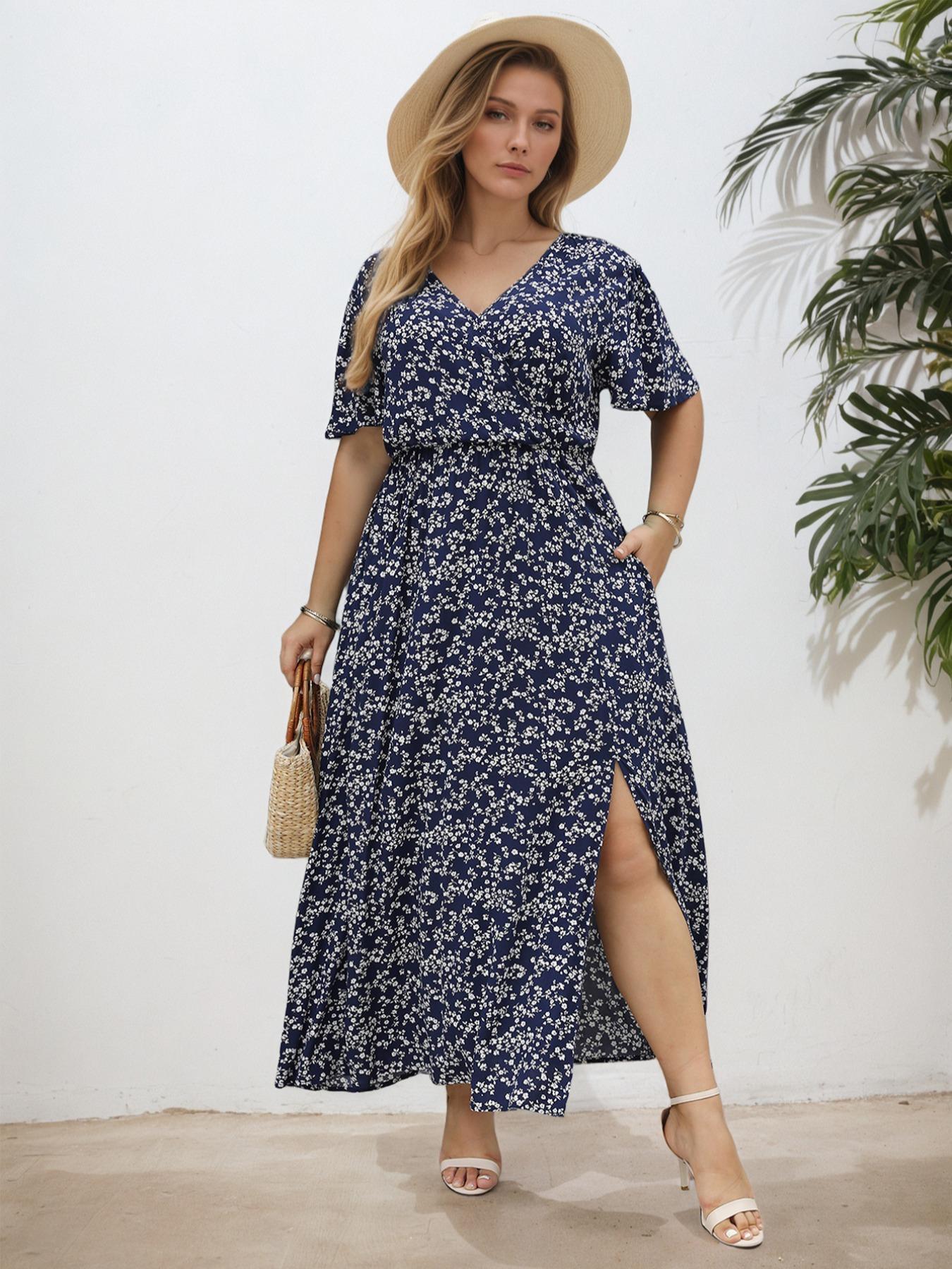 【Plus Size】 Ditsy Floral Print Wrap Split Thigh Dress, Boho Fashion Dress, Boho Butterfly Sleeve V Neck A Line Dress for Beach Holiday Vacation, Women's Clothes for Summer