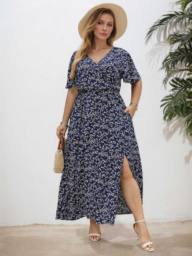 【Plus Size】 Ditsy Floral Print Wrap Split Thigh Dress, Boho Fashion Dress, Boho Butterfly Sleeve V Neck A Line Dress for Beach Holiday Vacation, Women's Clothes for Summer