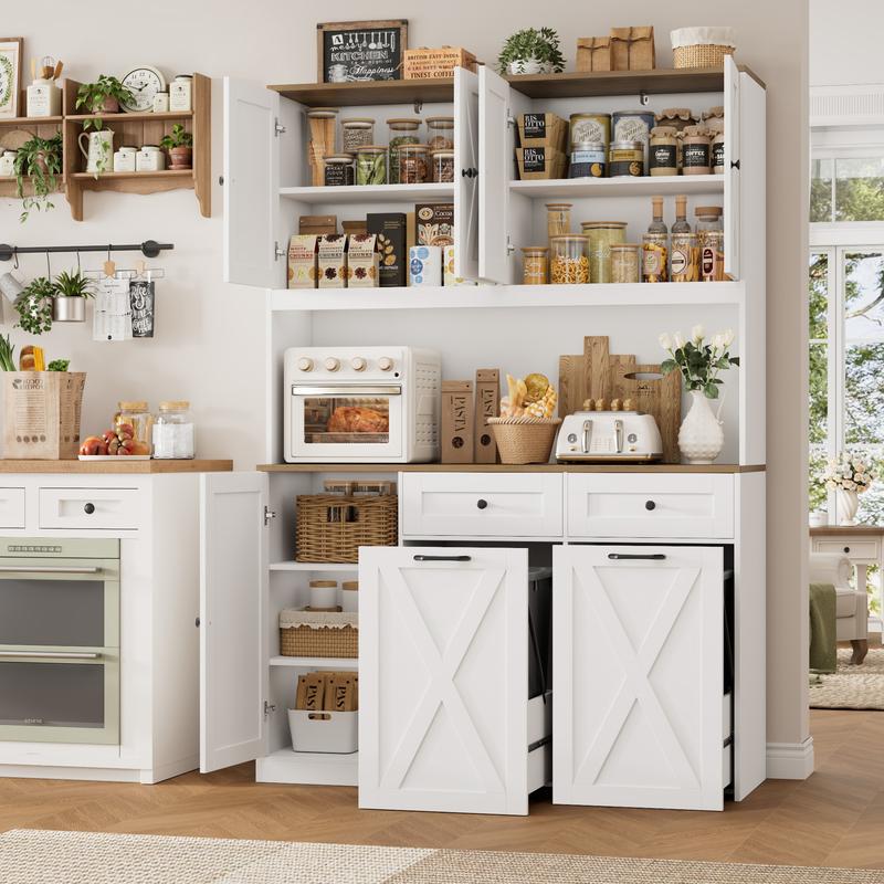 【2 packages shipping 】HOSTACK 71" H Kitchen Trash Can Cabinet, 12.5 Gallon Double Pull Out Garbage Can Hutch Cabinet with Trash Bin Storage Holders, 47" Wide Kitchen Pantry with Hidden Garbage Storage for Dining Room, Trash can not included