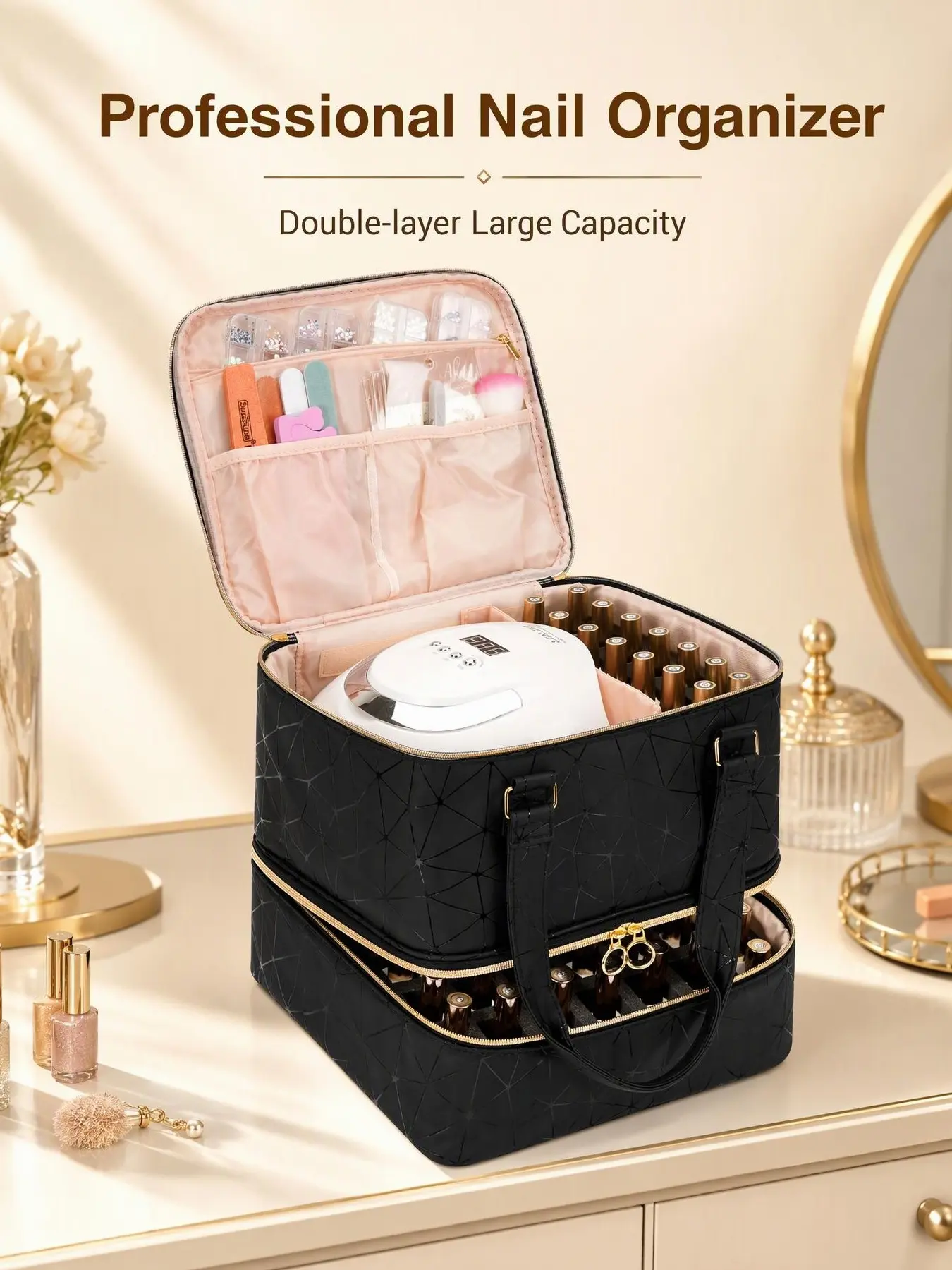 Nail Polish Organizer Bag Holds 54 Bottles Nail Polish & Nail Lamp, Gel Nail Polish Organizers and Storage box for Nail Tech, Nail Kit Supplies Organizer , Nail Stuff Gel Kit Box Gift for Manicurist