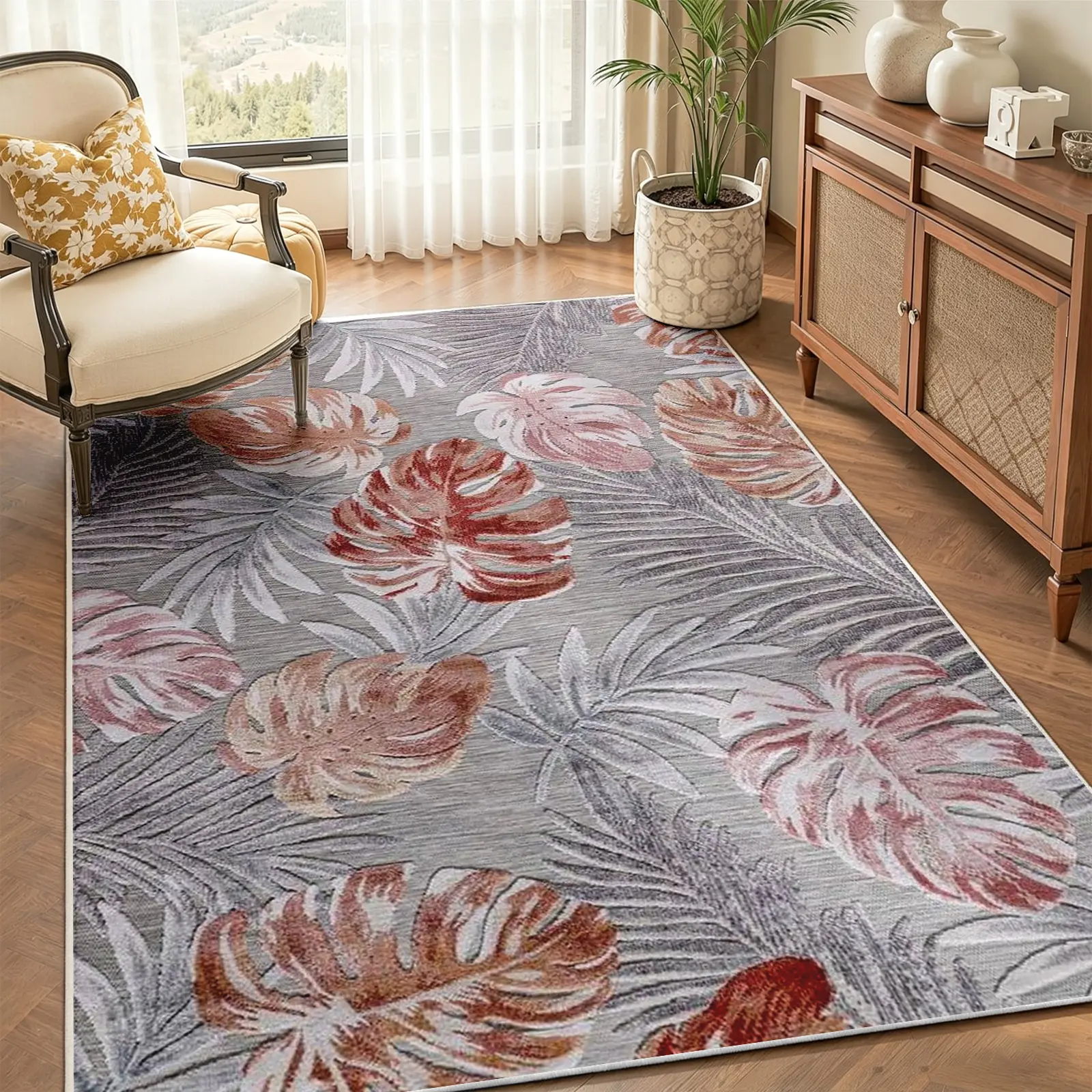 Modern Tropical Botanical Print Area Rug - Grey Monstera Leaf Pattern, Wool-Like Fiber, Soft Non-Slip Stain-Resistant Low Pile, Machine Washable Indoor Rooms Floor Covering, Tropical Look Aesthetic Decor for Living Room Bedroom (Multi-Size Options)
