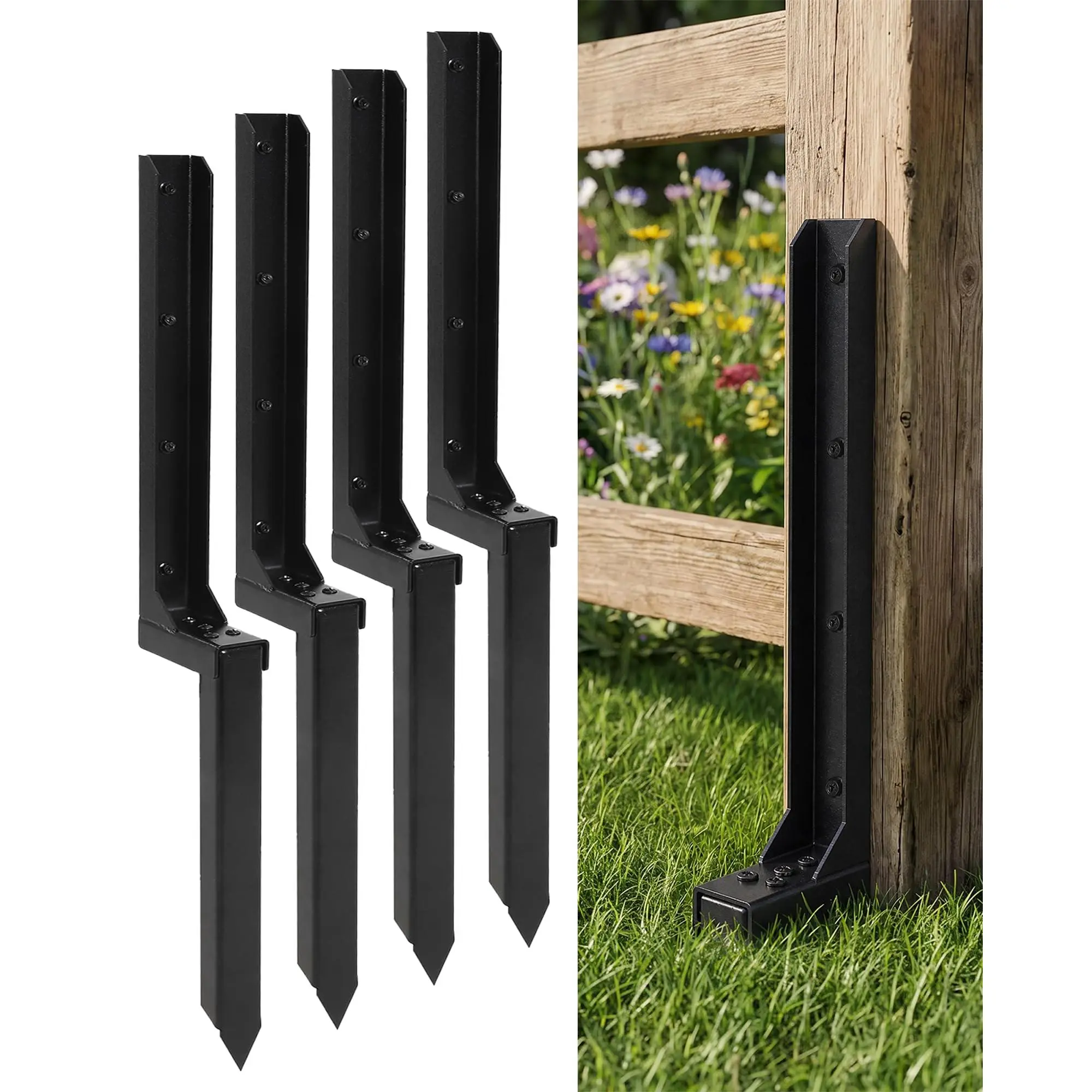 Heavy Duty Fence Post Repair Kit - 11GA Steel Ground Stakes with Anchor & Stabilizer Brackets for Leaning/Broken Wood Posts, Black & White, 2-Pack or 8-Pack, Outdoor Yard Garden Use, Stake + Bracket