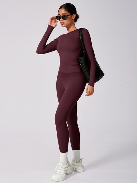 Women's Solid Long Sleeve Tee & High Waist Leggings Tracksuit Set, Sporty Round Neck Top & Skinny Pants Outfits for Gym Workout Running, Ladies Fall & Winter Sportswear, Sweatsuit Sets
