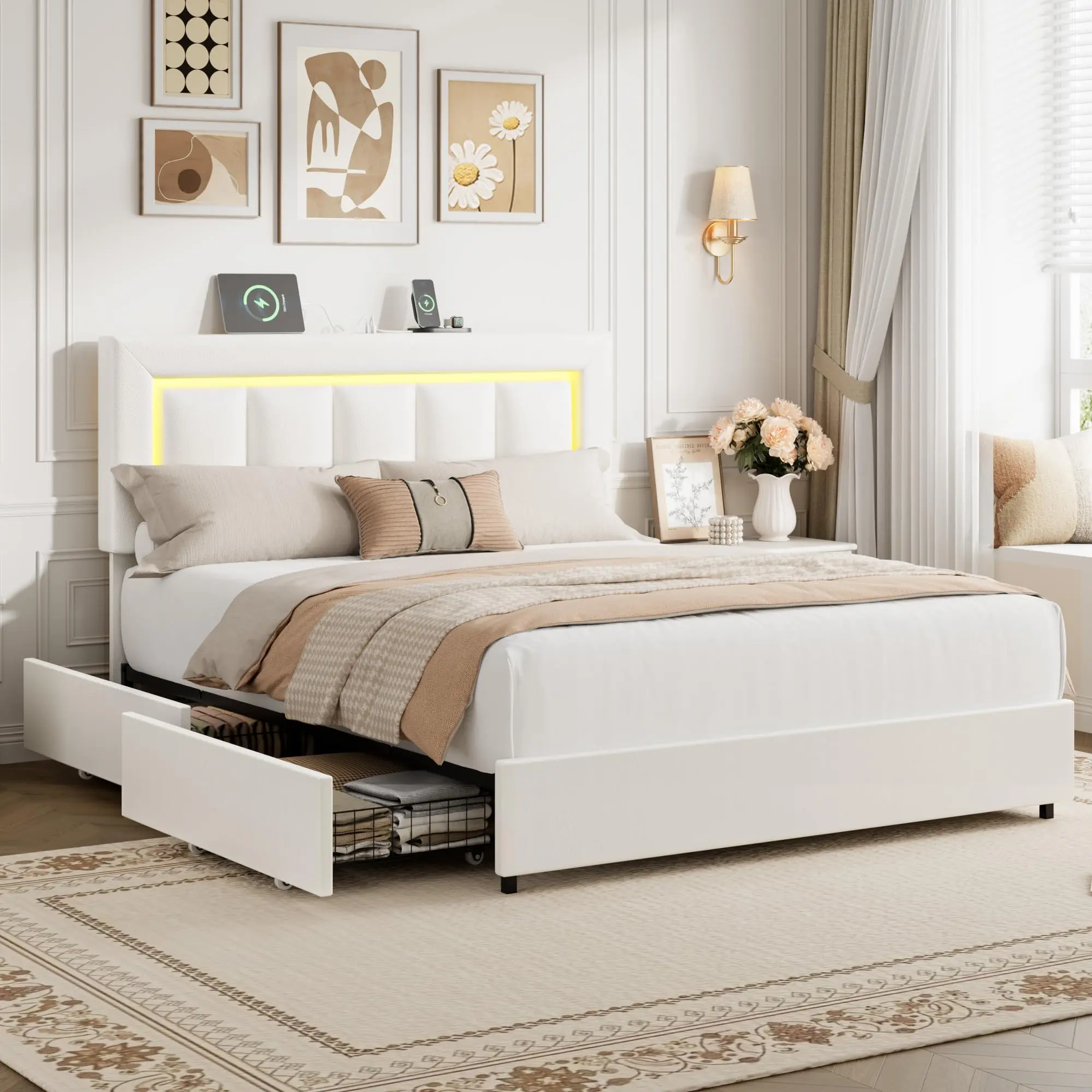 Adjustable PU Leather Upholstered Platform Bed Frame - Full/Queen Sizes, White/Black, Built-in Charging Station, LED Lighting, 4 Storage Drawers