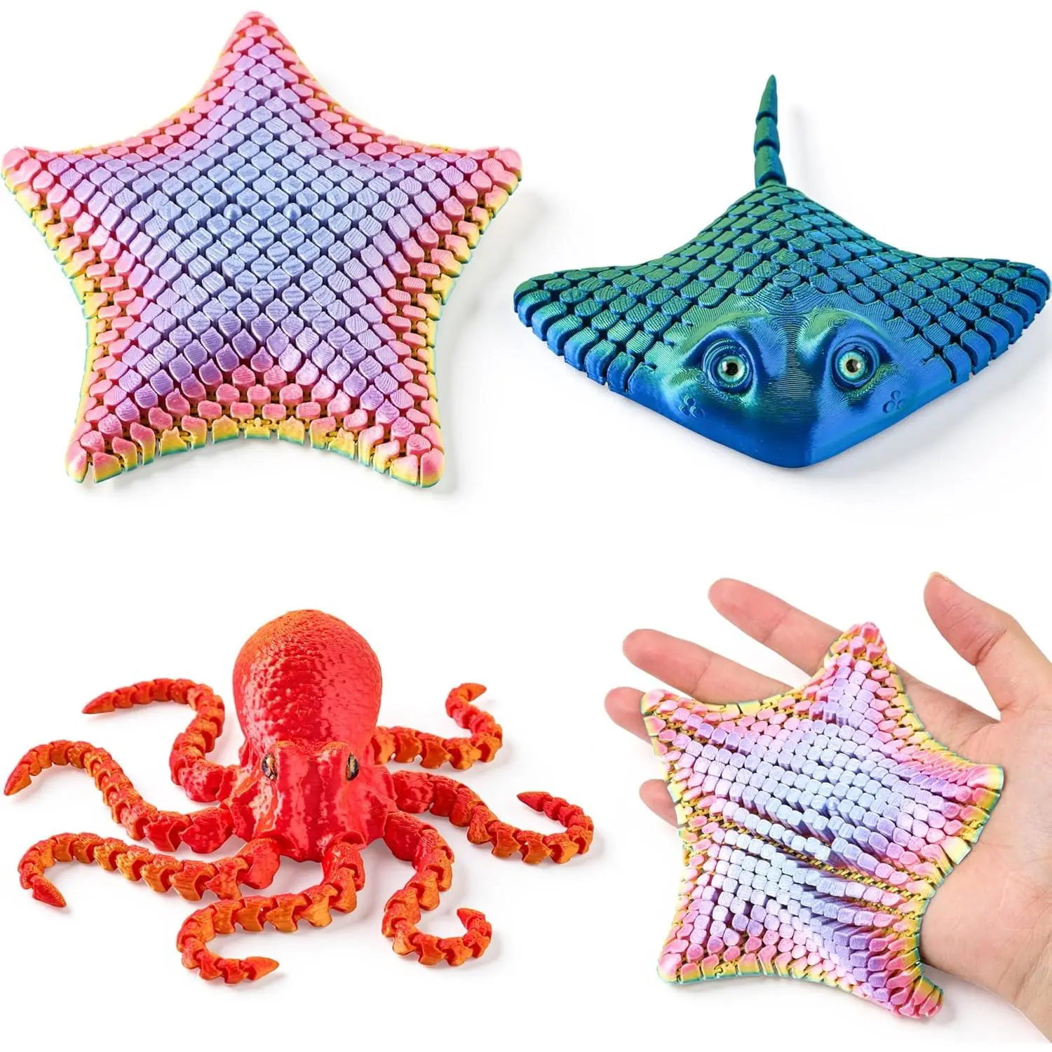 3 Pcs 3D Printed Fidget Toys, Articulated 3D Printed Octopus, Ray & Starfish, Flexible 3D Printed Sea Creatures for Stress Relief, Cool 3D Printed Stuff for Desk Decorationfidget toys