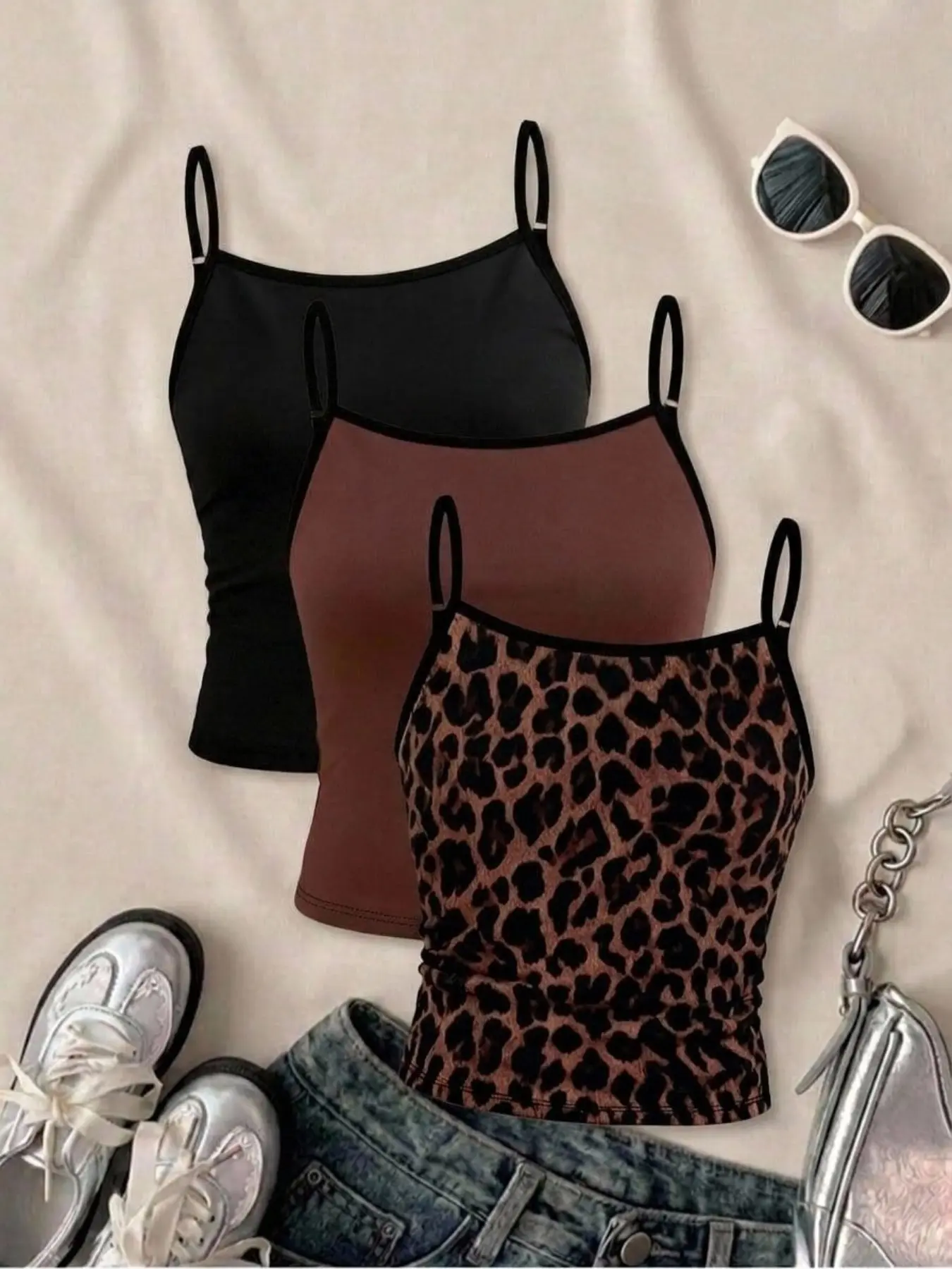 3 Piece Set Girls Adjustable Thin Strap Tank Tops, Leopard Print, Solid, Caramel, High Elastic, Breathable, Daily Wear