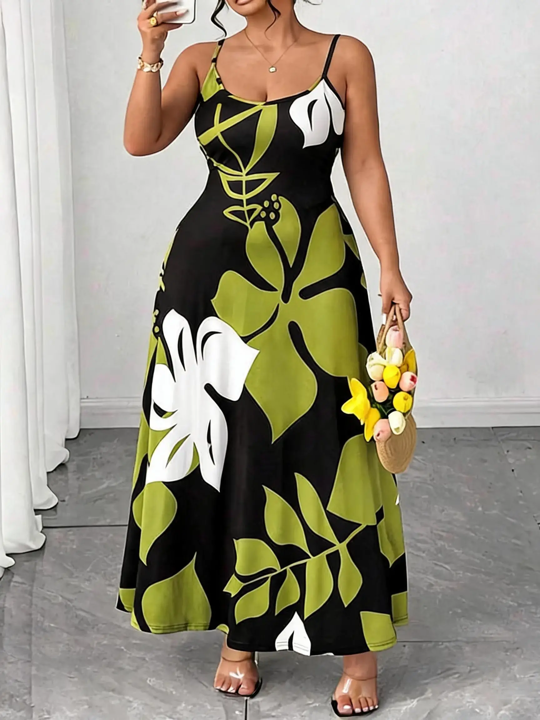 Plus Size Women's Tropical Floral Print Maxi Dress, Casual Bohemian Chic Style Spaghetti Strap Sleeveless Dress for Summer Vacation, Comfortable and Lightweight Fabric, Boho Slip Dress