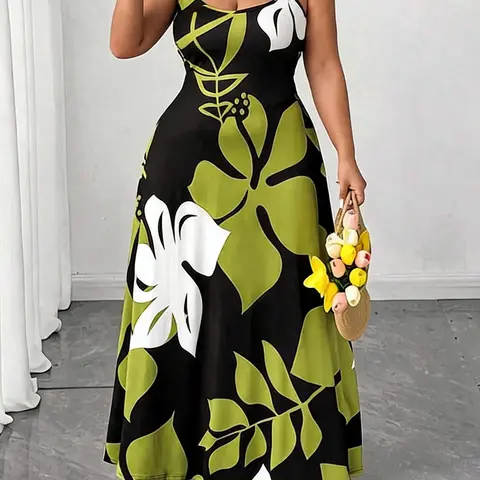Plus Size Women's Tropical Floral Print Maxi Dress, Floral Prints Dress, Casual Bohemian Chic Style Spaghetti Strap Sleeveless Dress for Summer Vacation, Comfortable and Lightweight Fabric, Boho Slip Dress