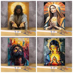 Non-Toxic Water-Based Modern Religious Paint By Numbers Kit, Jesus-Virgin Mary Sacred Abstract Canvas DIY Set, Christian Beginners' Handcraft Gift for Prayer Room Wall Decor, Non-Toxic Water-Based Painting By Numbers