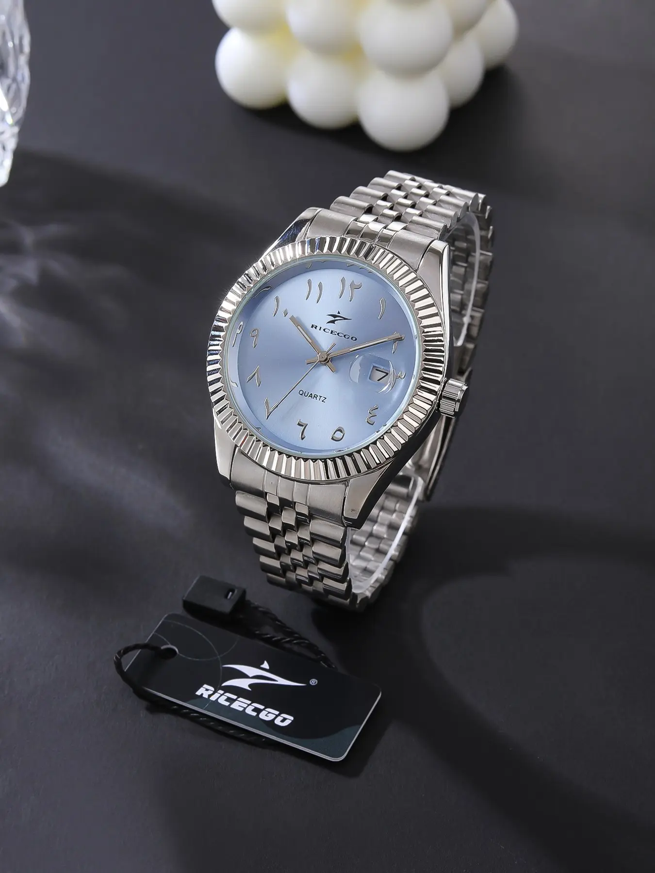 RICECGO 1pc men's Quartz Analog Watch, Arabic numeral watch, Round dial watch, Stainless steel wristwatch, durable stainless steel strap, date function, suitable for any occasion, Quartz Wristwatches, comes with a case