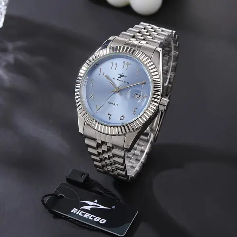 RICECGO 1pc men's Quartz Analog Watch, Arabic numeral watch, Round dial watch, Stainless steel wristwatch, durable stainless steel strap, date function, suitable for any occasion, Quartz Wristwatches, comes with a case