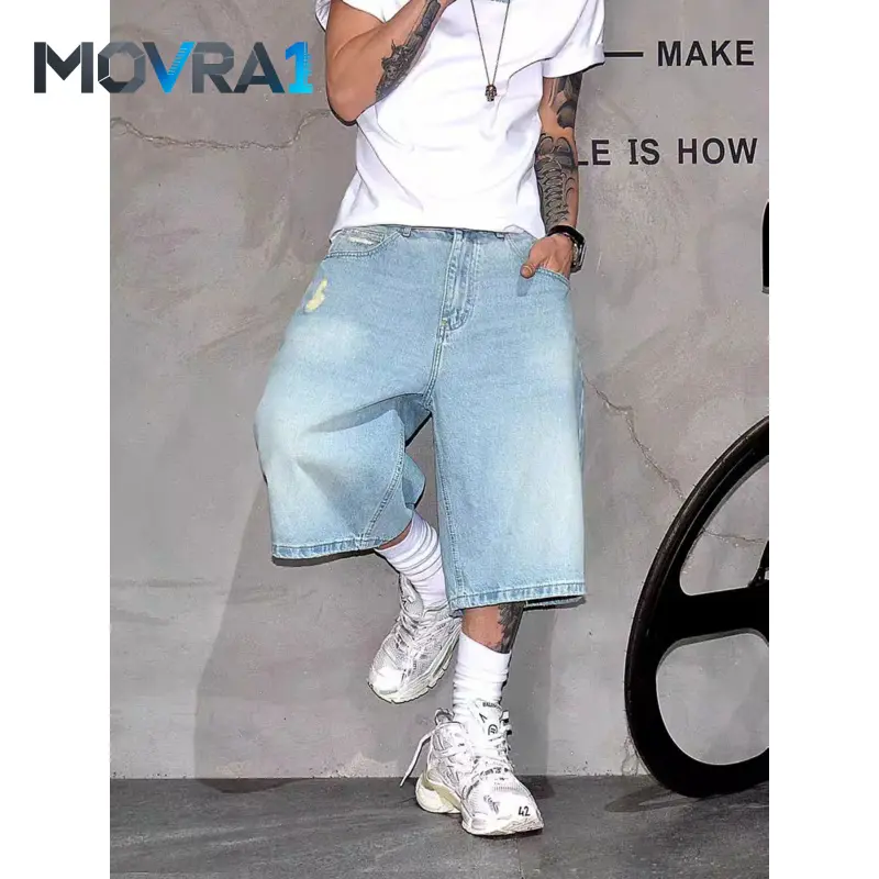 MOVRA1 Vintage Y2K Distressed Baggy Jorts Men, Quality Versatile Loose Wide Leg Low Rise Hem Cotton Bermuda Shorts with Pockets Casual Streetwear