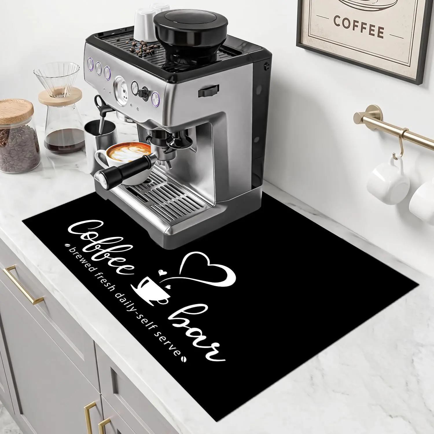 Rectangular Coffee Bar Mat (15.7x19.7in/50cm), Absorbent Rubber-Backed Single Mat, Stain-Resistant Black Counter Top Organizer for Coffee Station, Kitchen