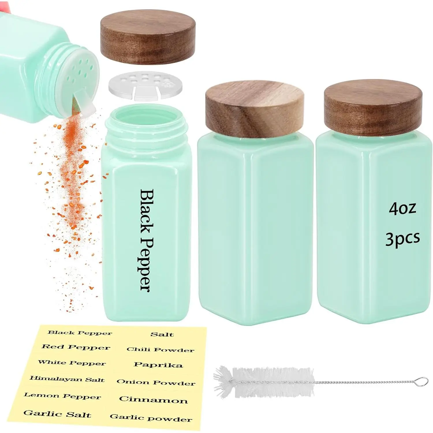 3 count 4 oz Square Glass  Jars with Label, Empty  Containers with Wooden , Square Seasoning Containers and Supplement Set, Small Seasoning Bottles for Salt, Sugar, Pepper (Turquoise)