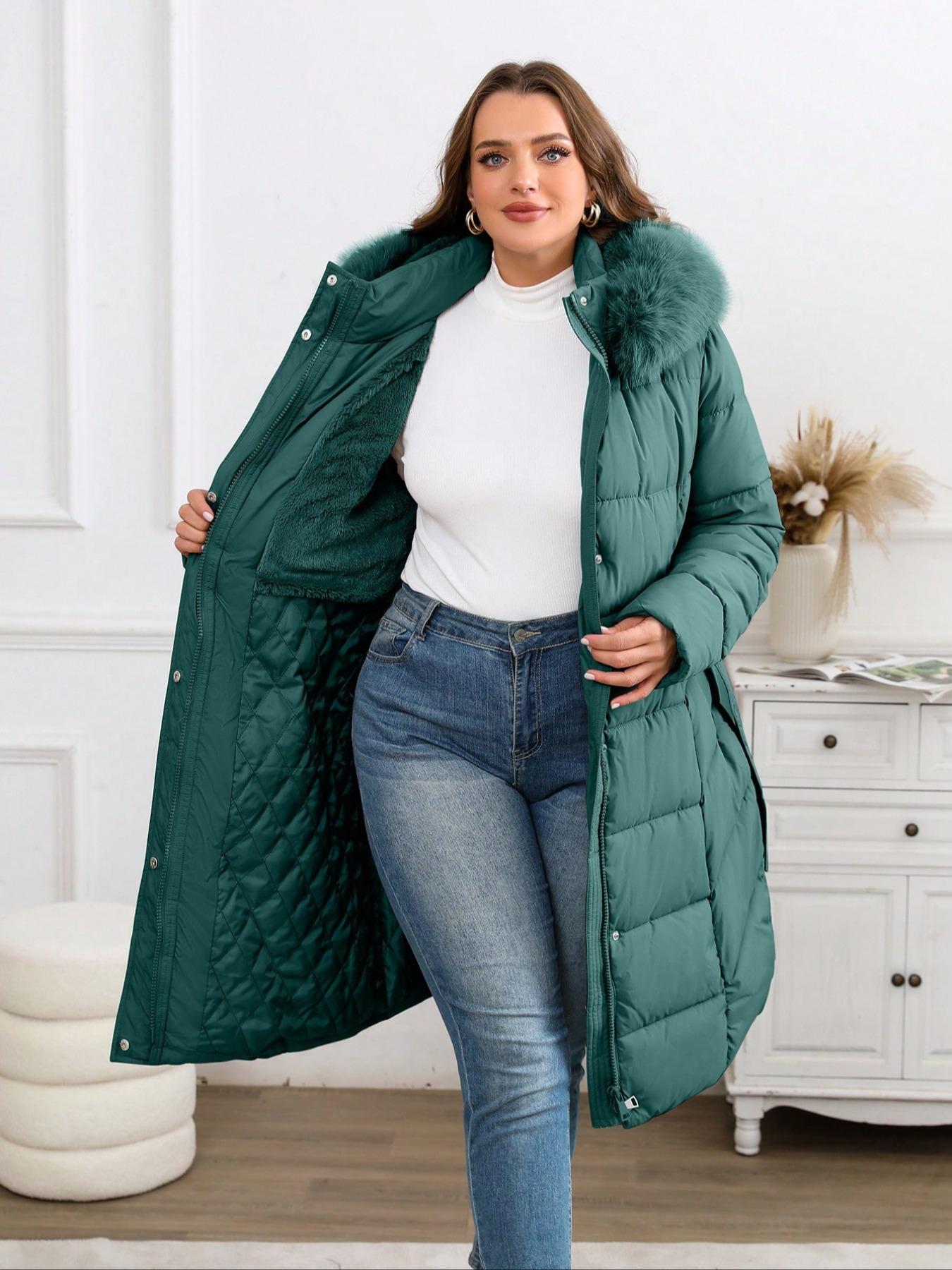 Women's Winter Cotton Jacket, Hooded Long Sleeve Warm Coat, Fitted Plain Style, Fall & Winter Fashion, Includes Belt