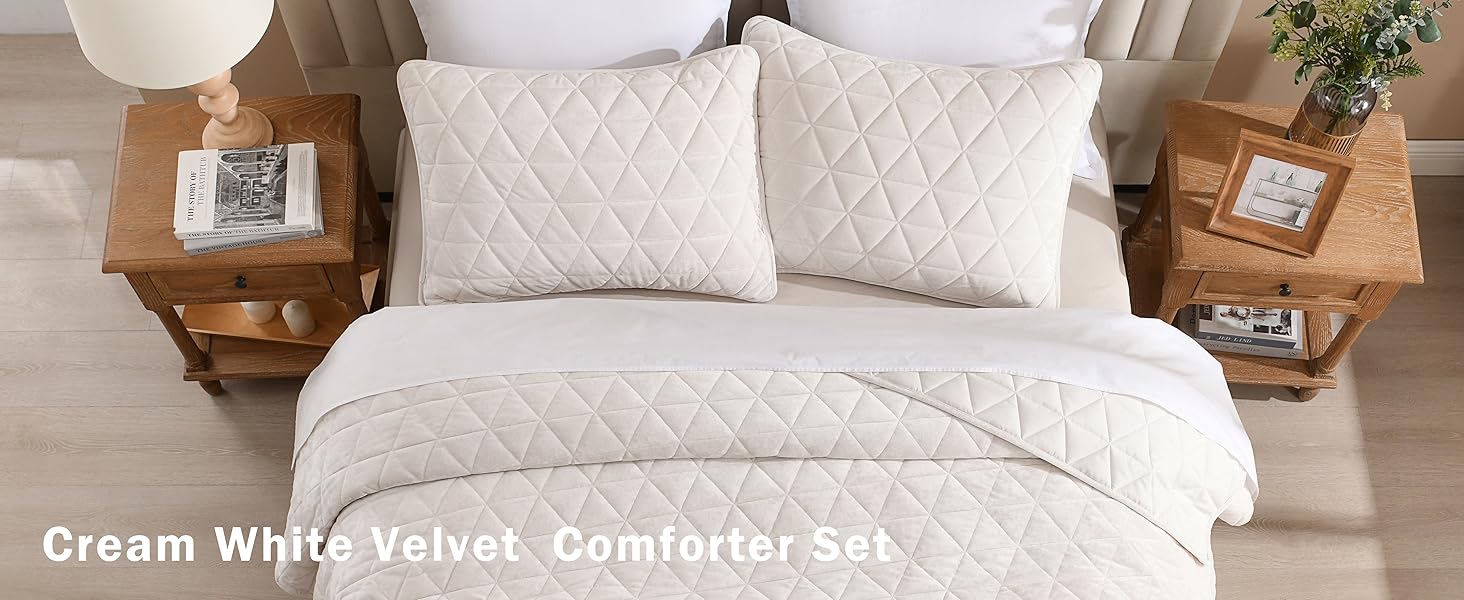 Velvet Set Queen Size Bedding Set, Cream White Velvet Comforter, Luxury Bedspreads Queen Size, Cream White Bedding,Soft Lightweight for All Season