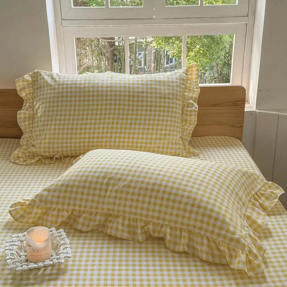 Ruffled Plaid Gingham Pillow Shams, Yellow, 20"x26", Set of 2 | Taupe Checked, Pre-Washed Microfiber, Farmhouse, For Bed/Sofa